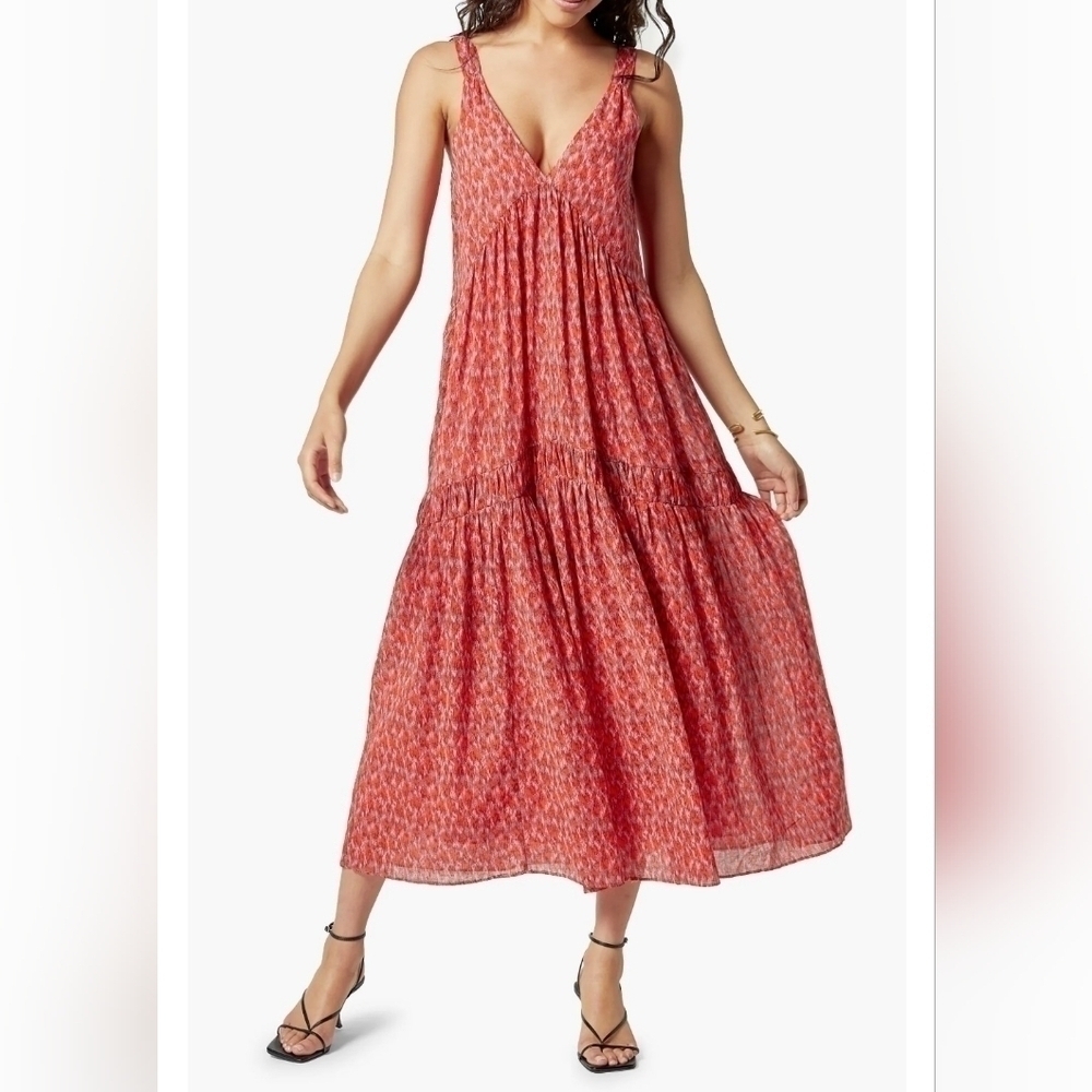 Joie Pink Red Cotton V-Neck Sleeveless Tiered Flowy Bondi Maxi Dress Bohemian